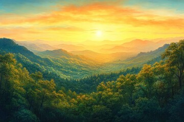 A breathtaking aerial view of the sunrise over an endless forest, with vibrant green trees and distant mountains under the golden light. The scene captures the beauty of nature in all its glory