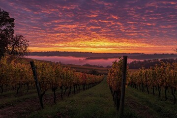 Fototapeta premium A breathtaking sunrise over the rolling hills of Tuscany, Italy, with a colorful sky and mist in autumn. A peaceful countryside scene with vineyards and trees under an orange and purple sky.