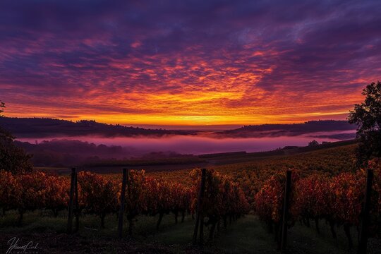 A breathtaking sunrise over the rolling hills of Tuscany, Italy, with a colorful sky and mist in autumn. A peaceful countryside scene with vineyards and trees under an orange and purple sky.