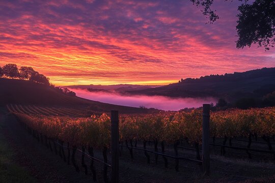 A breathtaking sunrise over the rolling hills of Tuscany, Italy, with a colorful sky and mist in autumn. A peaceful countryside scene with vineyards and trees under an orange and purple sky. - Powered by Adobe