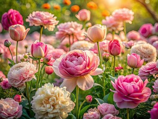 Obraz premium A breathtaking panoramic view of a summer garden showcases a vibrant pink rose and tulip bouquet.