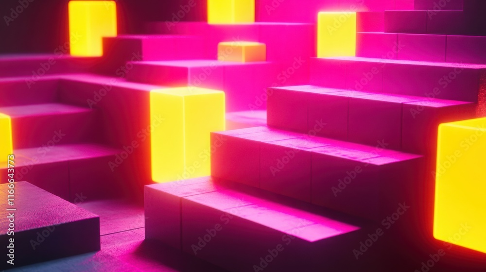 Wall mural neon pink and yellow cubes stacked in a 3d staircase, creating a sense of depth.