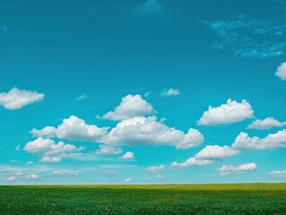 Fototapeta premium A bright blue sky with white clouds above a green grass field, . The background is clean and simple, creating an atmosphere of tranquility and beauty.
