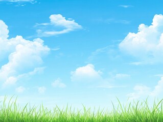 Obraz premium A bright blue sky with white clouds above a green grass field, . The background is clean and simple, creating an atmosphere of tranquility and beauty.