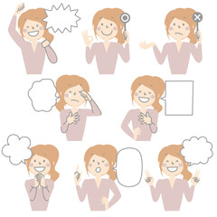 collection set of cute doodle hand draw speech bubble balloon with girl woman character facial expression, text box think speak talk banner, flat design vector illustration