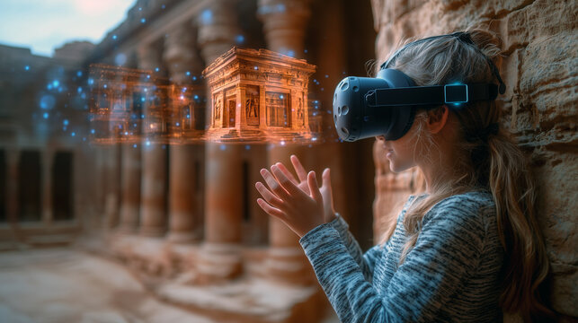 Girl exciting and wearing lightweight VR headsets, interacting with simulated ancient monument, her hands reaching out as they see holographic images overlaying the real space.