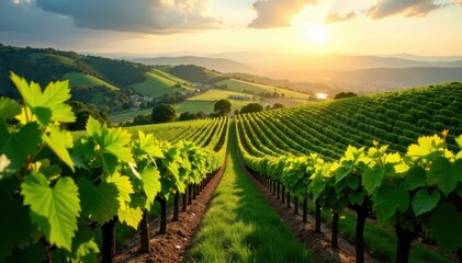 Naklejka premium Rolling hills, sun-drenched vines, vineyard rows, landscape, countryside landscape, scenic view