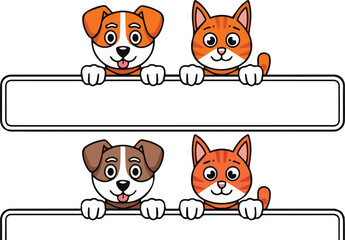Cartoon dog and cat peeking over a blank board, with joyful expressions.