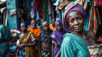 Obraz premium Portrait of a beautiful African woman in colorful attire, surrounded by people in a vibrant market setting