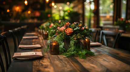 A table with a vase of flowers and candles on it