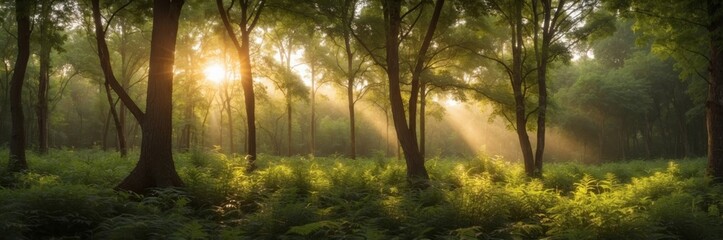 Obraz premium Sunlight filters through trees in a serene forest during early morning hours