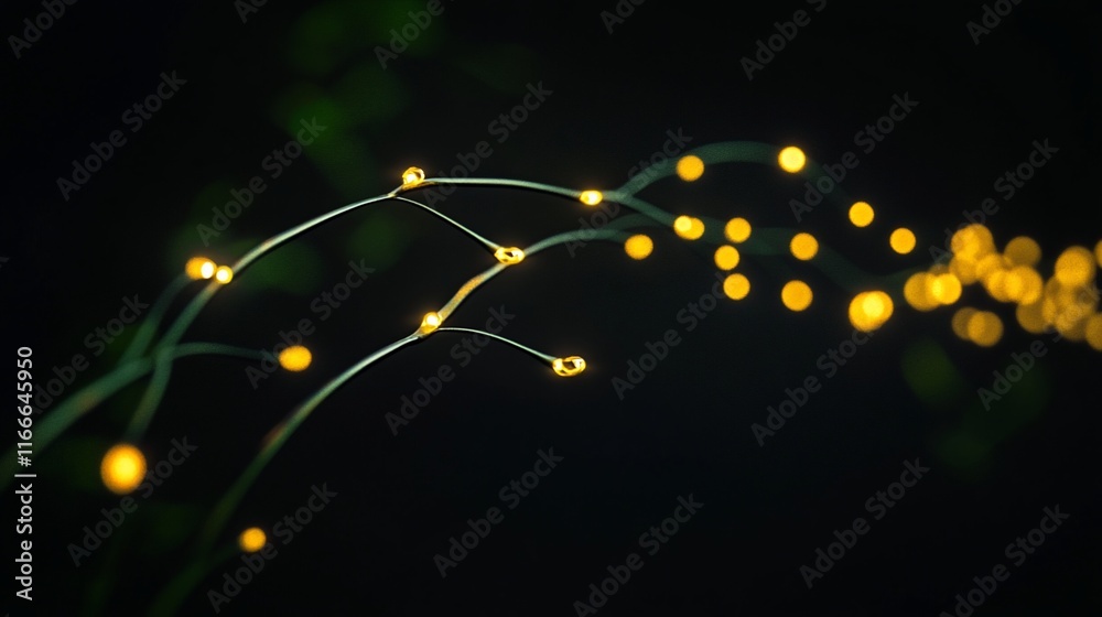 Poster glowing string lights curved gracefully on dark background.