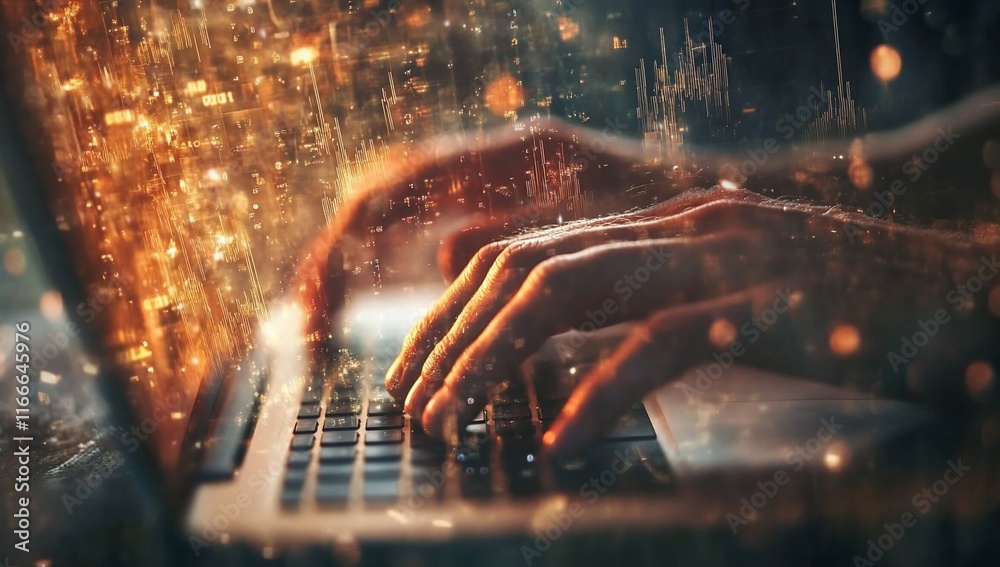 Aufkleber hands typing on laptop with glowing particles.