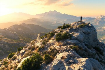 Obraz premium A hiker stands atop the mountain peak, overlooking a beautiful scene at sunrise. The rugged terrain is covered with rocks and shrubs, creating an adventurous atmosphere. In the distance