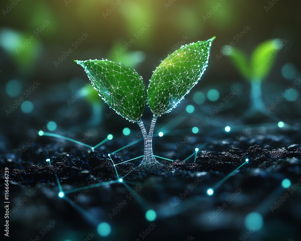 Poster Futuristic tech plant growing dynamically with the aid of advanced AI, illustrated through abstract technology visuals and seamless AI integration