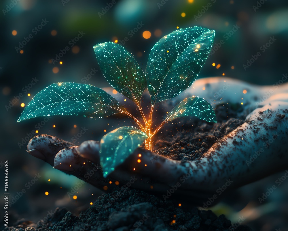 Poster Futuristic tech plant growing dynamically with the aid of advanced AI, illustrated through abstract technology visuals and seamless AI integration
