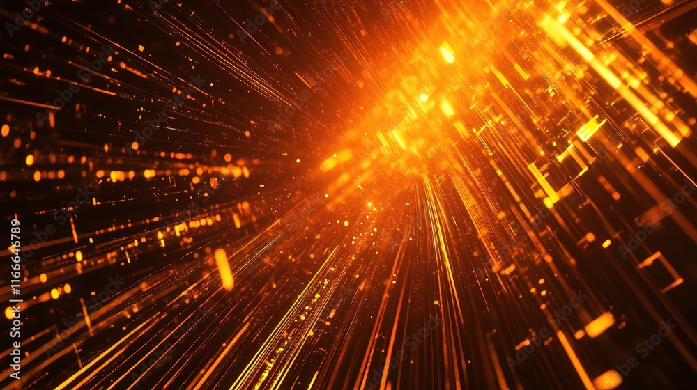 Poster digital speed: a mesmerizing abstract background with dynamic lines of golden light converging towar
