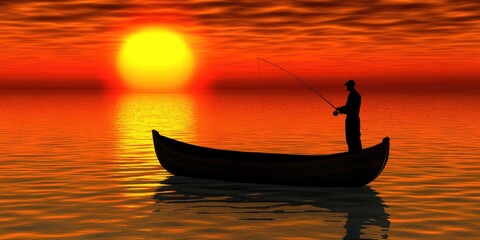A lone fisherman casts his line into a tranquil sunset over calm waters.