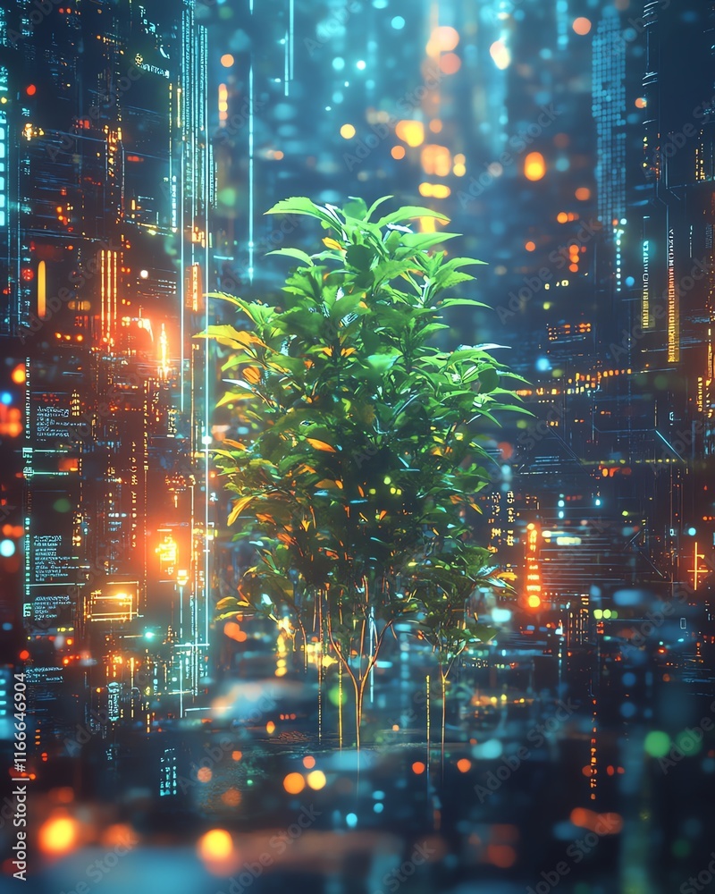 Poster futuristic tech plant surrounded by abstract technology elements, with advanced aidriven processes f