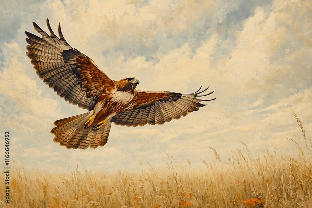 Poster red-tailed hawk soaring above golden wheat field under cloudy sky.