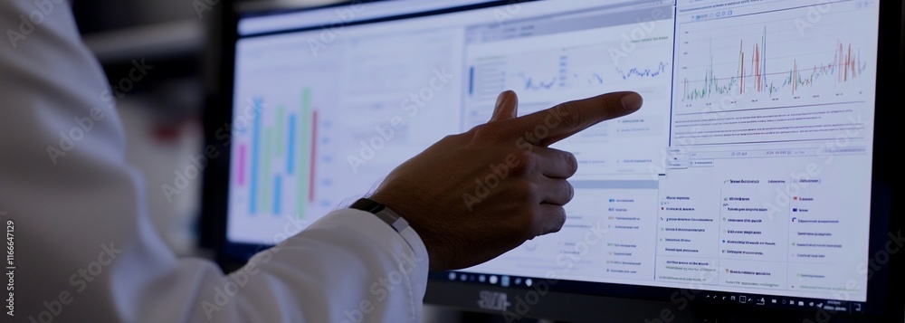 Aufkleber Close-up of a hand pointing at a computer screen displaying graphs and charts.