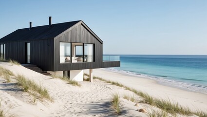 Obraz premium Modern beach house overlooking clear water and sandy shore during daylight hours