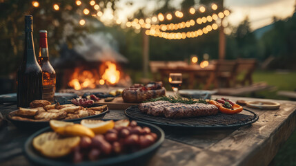 A table with a variety of food and drinks, including wine and beer