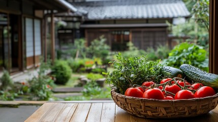 Fresh tomatoes, cucumbers, and herbs in a basket on a wooden table, with a Japanese garden in the background.