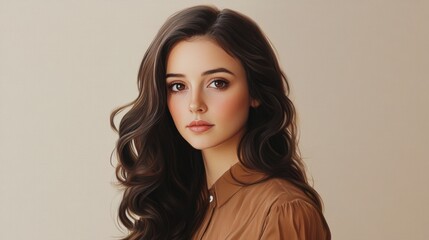 Naklejka premium Portrait of a woman with voluminous, wavy brunette hair and a subtle makeup look, placed against a neutral background