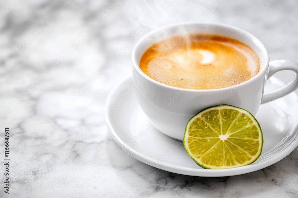Aufkleber steaming espresso in a white cup with a lime wedge on a marble surface.