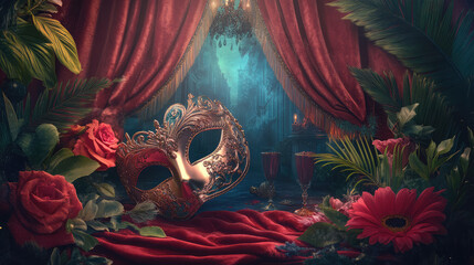 A red curtain with a mask on it and a bunch of flowers