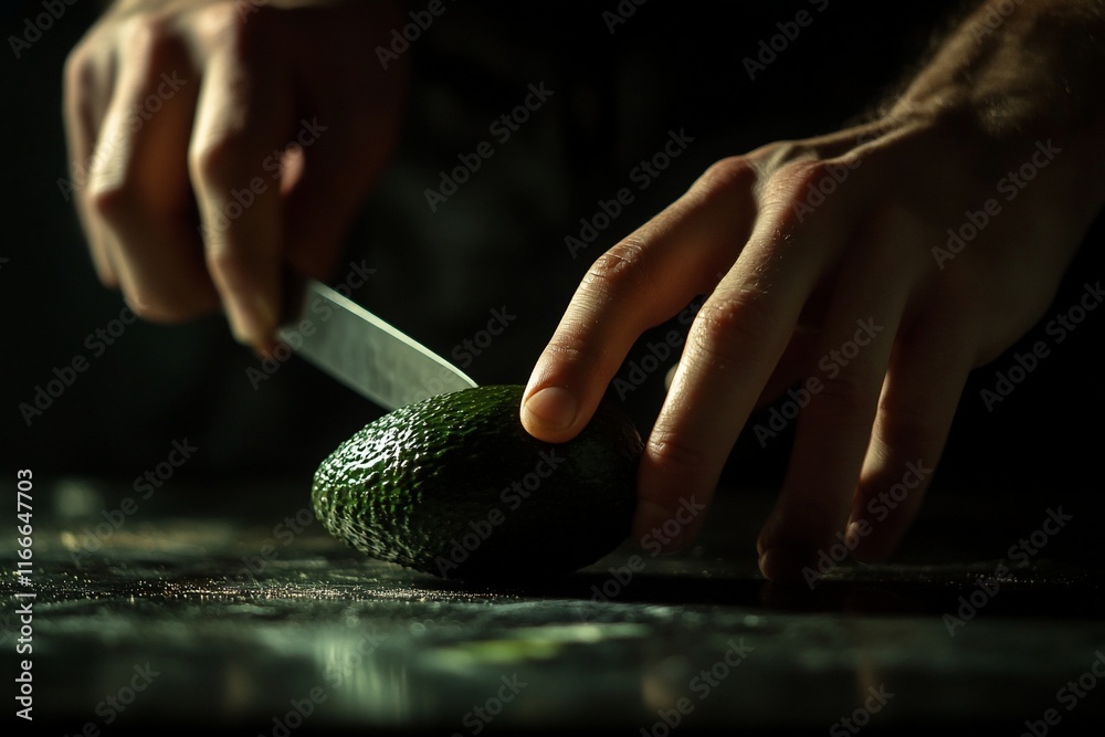 Poster close-up of hands skillfully slicing a ripe avocado on a dark surface.
