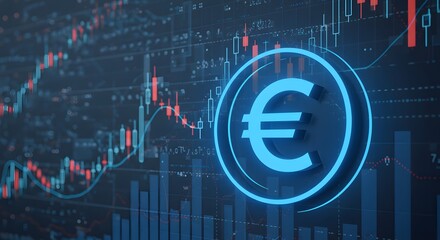 Money exchange , finance and digital currency concept with blue euro symbol in a circle on abstract background with financial chart candlestick. 3D rendering