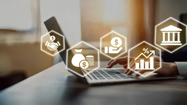 A person working on a laptop displaying digital icons related to tax services The concept highlights tax planning, business tools, and retirement strategies