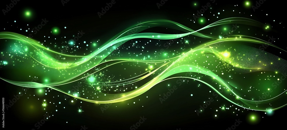 Poster abstract green glowing waves with sparkling particles on a dark background.