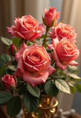 Naklejka premium Miss Piggy roses in bloom, soft peach colors, elegant floral arrangement in a vase with green leaves, copy space