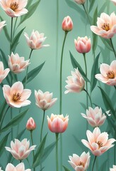 Tulips in bloom, soft pastel colors, elegant floral arrangement on a gradient green background, copy space