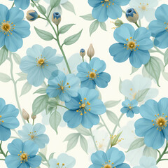 Forget-me-not flowers in a floral pattern, soft blue hues, delicate arrangement with green leaves on a light background, copy space