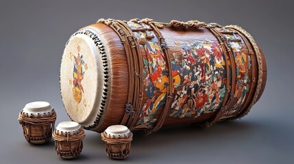 A colorful, intricately designed drum with smaller drums, used for musical performances.