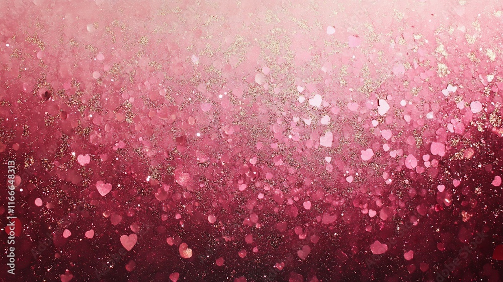 Poster abstract background with pink and gold hearts bokeh.