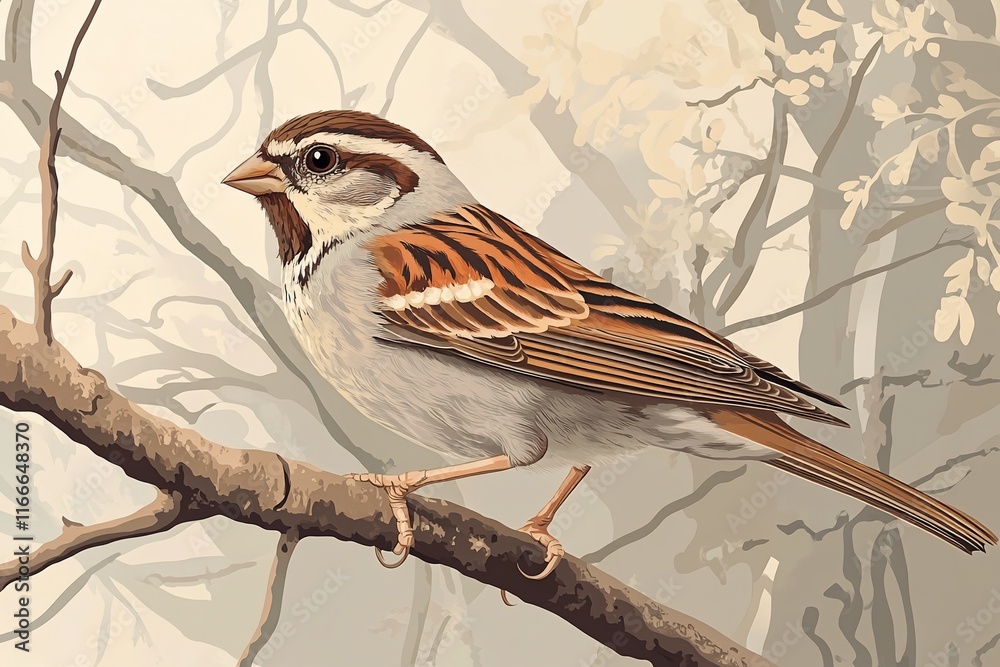 Poster a detailed illustration of a sparrow perched on a tree branch, set against a muted autumnal backdrop