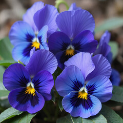 Tri-color violets in bloom, vibrant blue and purple hues, charming floral arrangement with dark centers, copy space