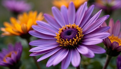 Obraz premium Osteospermum flowers in bloom, vibrant purple and orange colors, charming floral arrangement with intricate textures, copy space