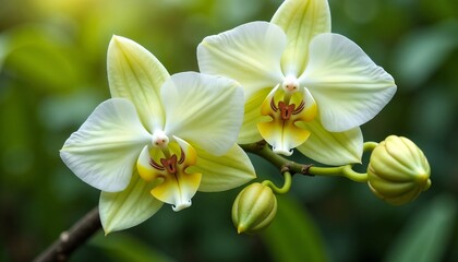 Naklejka premium Phalaenopsis orchids in bloom, soft yellow hues, elegant floral arrangement on a natural background, copy space