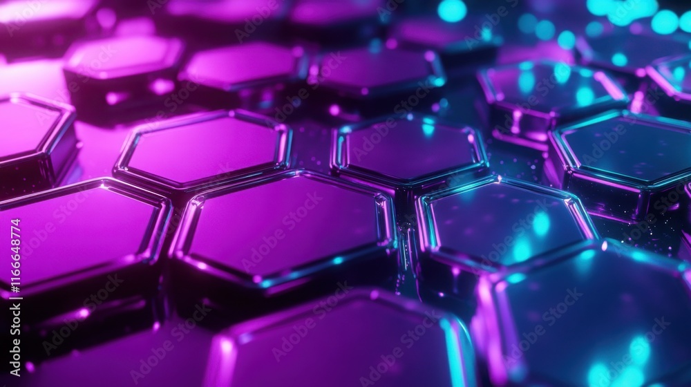Sticker neon purple and teal hexagons interlocked in a honeycomb pattern, floating in space.