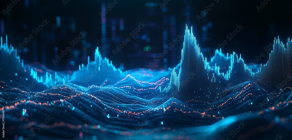 Poster abstract 3d digital landscape with glowing peaks and valleys.
