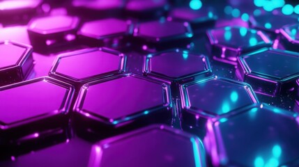 Fototapeta premium Neon purple and teal hexagons interlocked in a honeycomb pattern, floating in space.