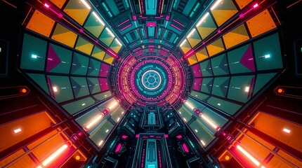 Futuristic abstract design featuring neon lights and geometric patterns in a circular tunnel perspective
