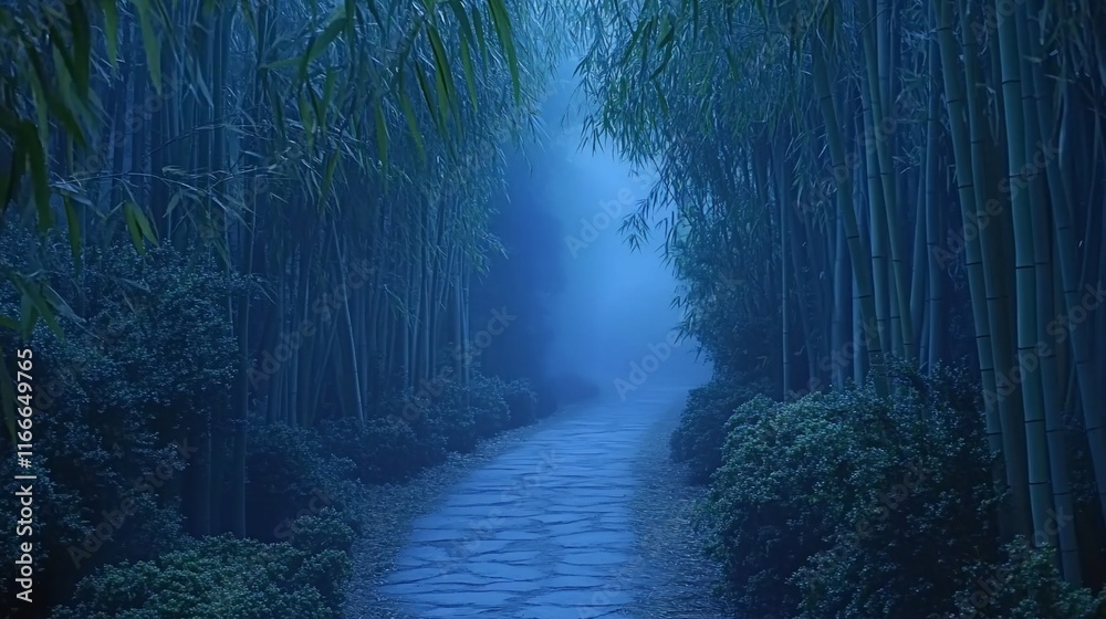 Aufkleber mystical blue-hued path through a dense bamboo forest shrouded in fog at twilight.