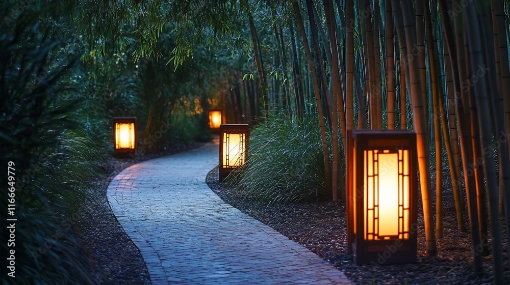 Aufkleber winding stone path lit by lanterns in a tranquil bamboo forest at twilight.